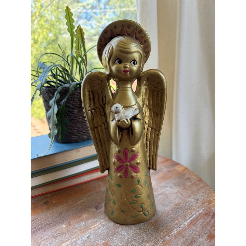 Vintage Gold Angel Figurine with Dove Chalkware Statue Mid Century Decor 10 inch